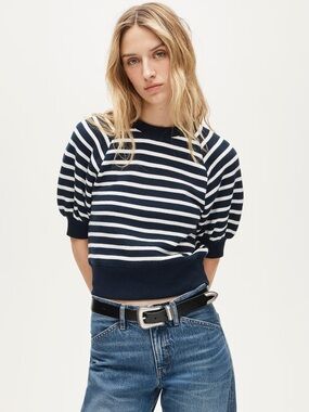 J. Crew Heritage terry puff-sleeve sweatshirt in stripe -Navy & White Striped
